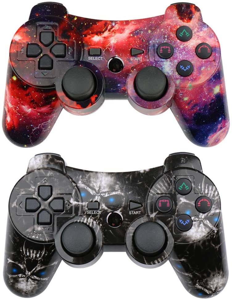 Lioeo PS3 Controllers 2 Pack Wireless Dual Shock Gamepad for Sony Playstation 3 with Charging Cord (Skull + Galaxy)